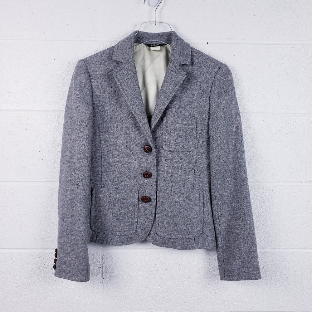 J. Crew Women's Schoolboy Gray Wool Blazer Jacket ‎ Leather Buttons Size 2